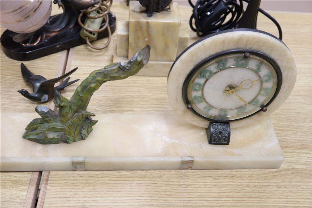 An Art Deco style female figure, 14cm, a lamp, a clock and a frame